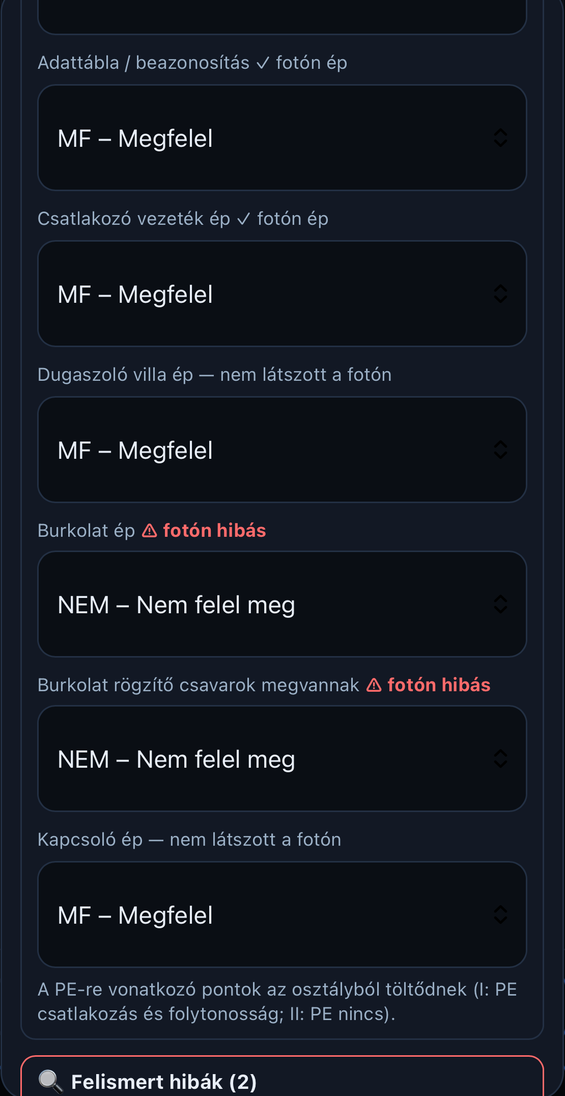 Demóalkalmazás vizuális ellenőrzőlistája megfelelő és nem megfelelő minősítésekkel