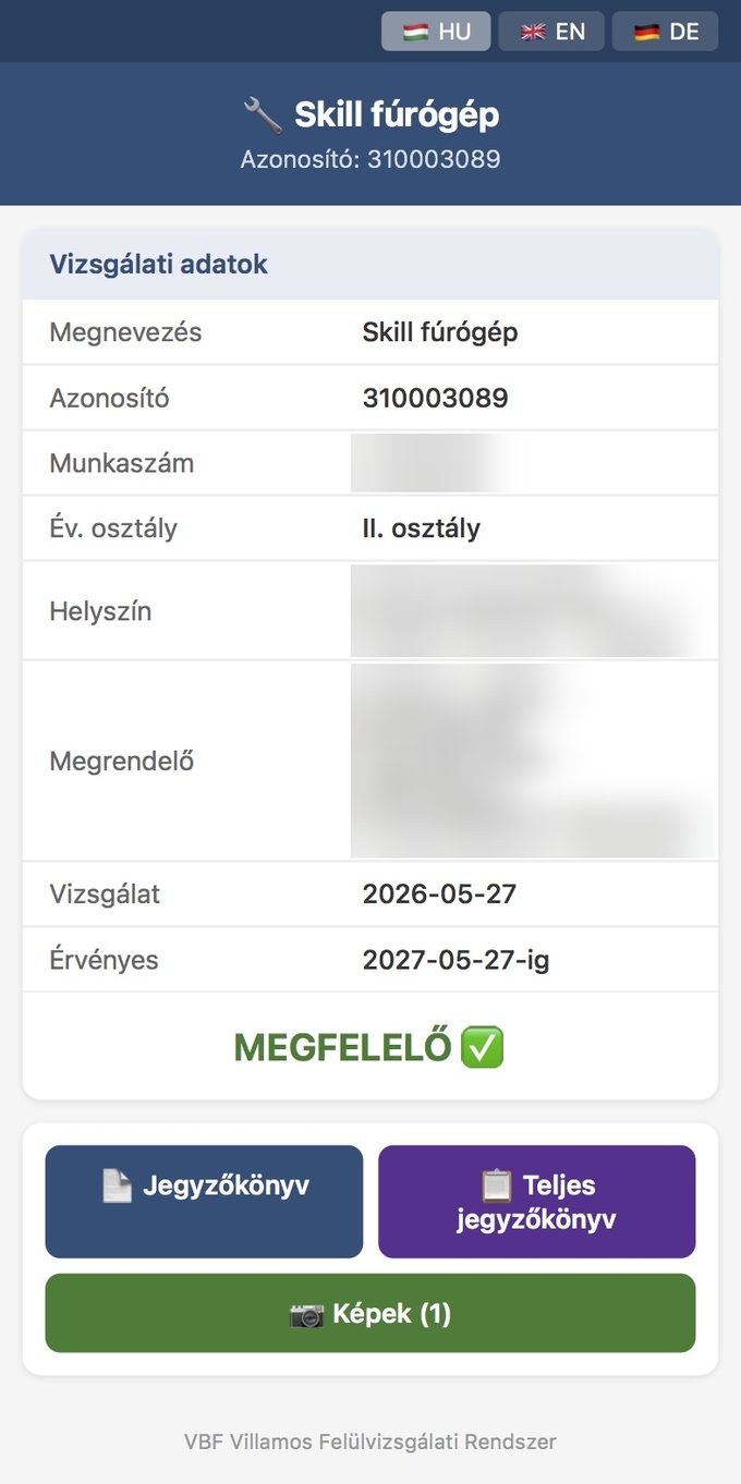 Anonimizált QR-kódos kéziszerszám-jegyzőkönyv telefonon